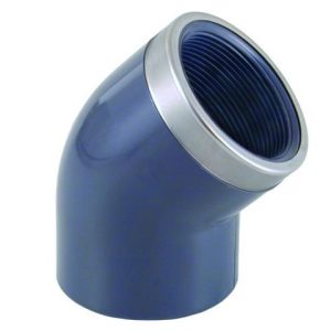 PVC druk Knie 45° Lijm x Binnendraad met RVS Ring 32 mm x 1” 16 ATO
